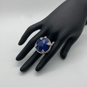 Vintage Cocktail Ring Faux Sapphire Blue Opaque Faceted Elastic